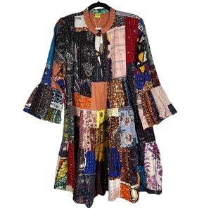 Raj Dress Women's XL Kantha Stitch Patchwork Bell Sleeve Mini Bohemian NEW